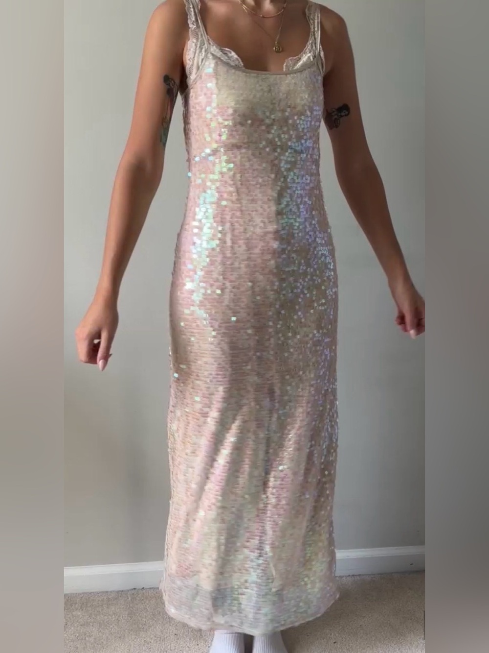 INC International Concepts Iridescent Sequin Slip Dress in Pale Pink